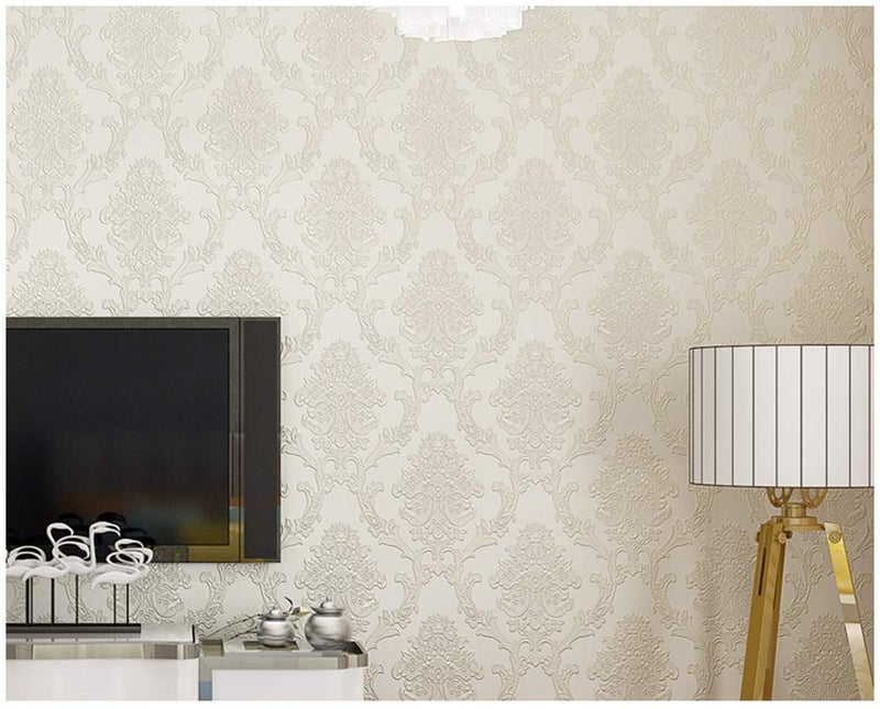 TAOGIFT Victorian Damask Embossed Wallpaper Peel and Stick Wall Paper Mural for Bedroom Bathroom Living Room Home Decoration (53cmx5m, Beige) - Image 2